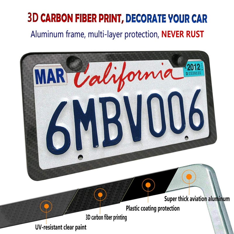 Aootf Carbon Fiber License Plate Frames- Anti Theft Black Aluminum Printed Carbon Patterns for Front Rear Car Tag Holder, with Stainless Steel Mount Hardware Kit- Locking Security Screws Bolts, Caps - Image 3